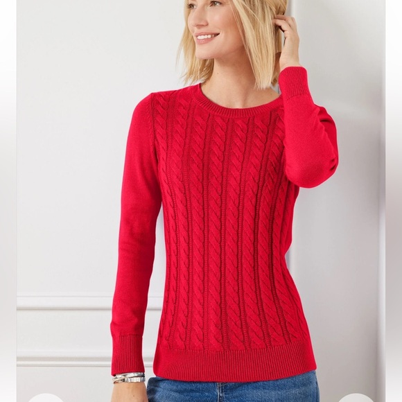 Talbots Red Pop Soft Cable Knit Crewneck Sweater w/ Gold Button Shoulder Size SP - Picture 1 of 11